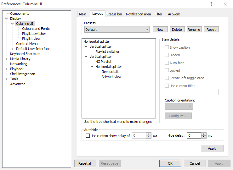 Columns UI settings page.